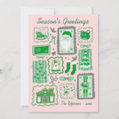 Hand Drawn doodle green pink christmas greeting カード (正面)