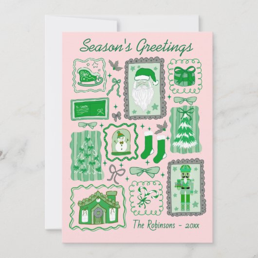 Hand Drawn doodle green pink christmas greeting カード (正面)
