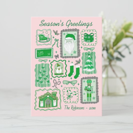 Hand Drawn doodle green pink christmas greeting カード (スタンド正面)