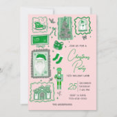 Hand Drawn doodle green pink christmas party 招待状 (正面)