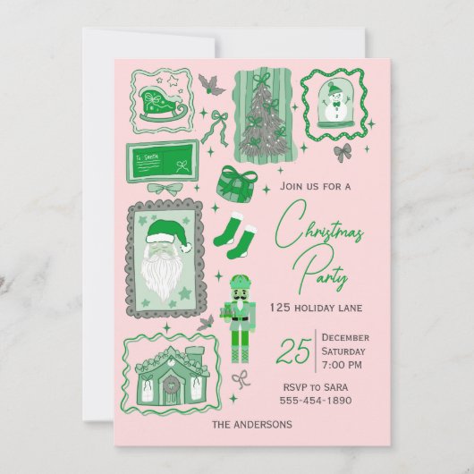 Hand Drawn doodle green pink christmas party 招待状 (正面)
