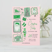 Hand Drawn doodle green pink christmas party 招待状 (スタンド正面)