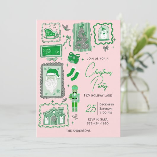 Hand Drawn doodle green pink christmas party 招待状 (スタンド正面)
