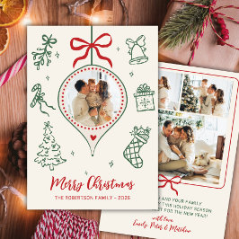 Hand-Drawn Doodle Green Red Photo Merry Christmas シーズンカード