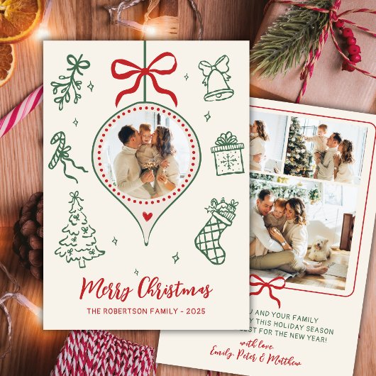 Hand-Drawn Doodle Green Red Photo Merry Christmas シーズンカード