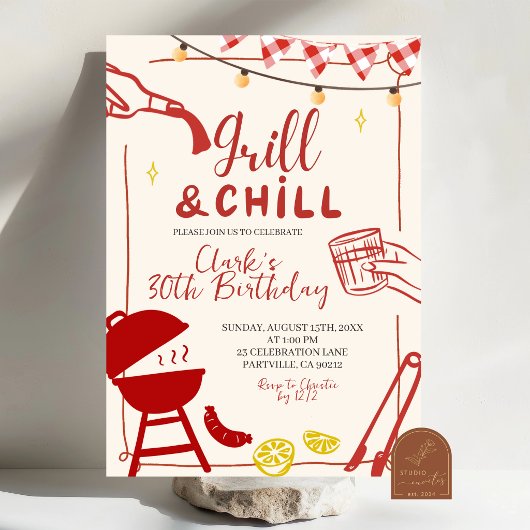 Hand Drawn Doodle Grill and Chill BBQ party invita 招待状