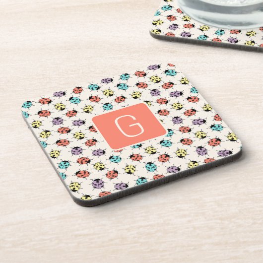 Hand Drawn Doodle Ladybugs Monogram Coaster コースター (左側)