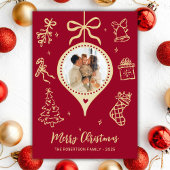 Hand-Drawn Doodle Red Gold Photo Merry Christmas シーズンカード