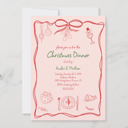 Hand Drawn Doodle Scribble Christmas Dinner 招待状 (正面)