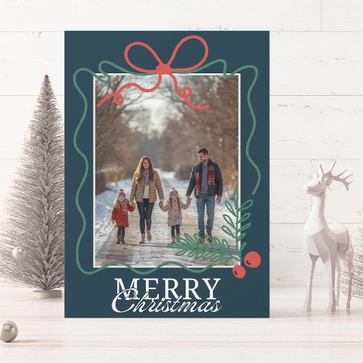 Hand-drawn doodle teal blue Merry Christmas  シーズンカード