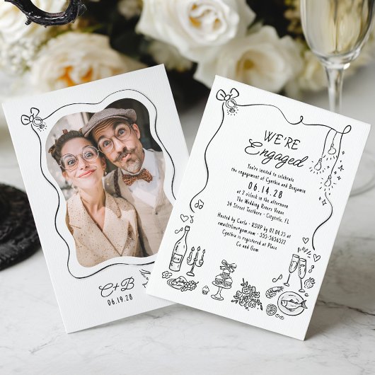 Hand Drawn Doodle Whimsical Engagement Party Photo 招待状