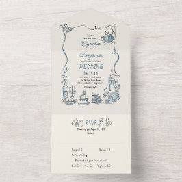 Hand Drawn Doodles Funky Quirky Modern Wedding オールインワン招待状