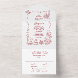 Hand Drawn Doodles Funky Quirky Modern Wedding オールインワン招待状