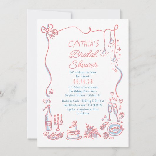 Hand Drawn Doodles Funky Whimsical Bridal Shower 招待状 (正面)