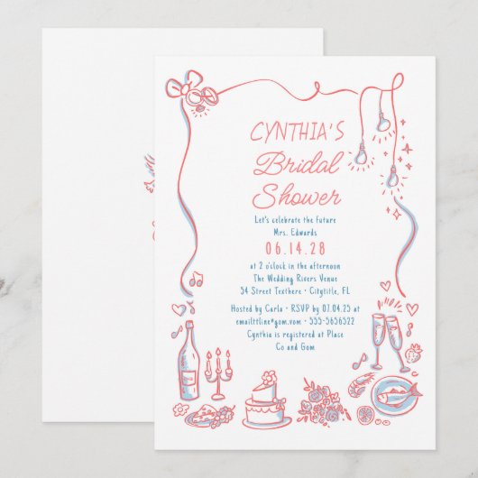 Hand Drawn Doodles Funky Whimsical Bridal Shower 招待状 (正面/裏面)