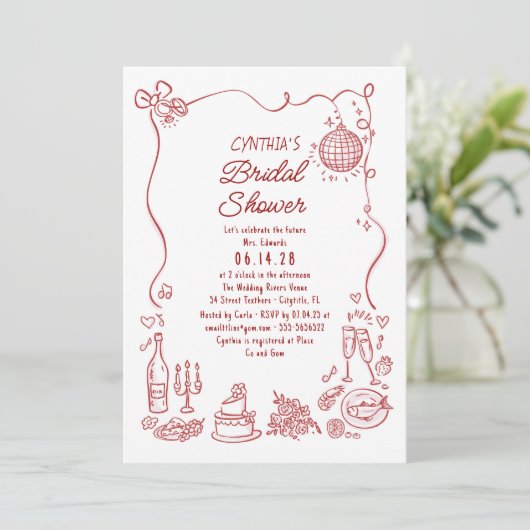 Hand Drawn Doodles Funky Whimsical Bridal Shower 招待状 (スタンド正面)
