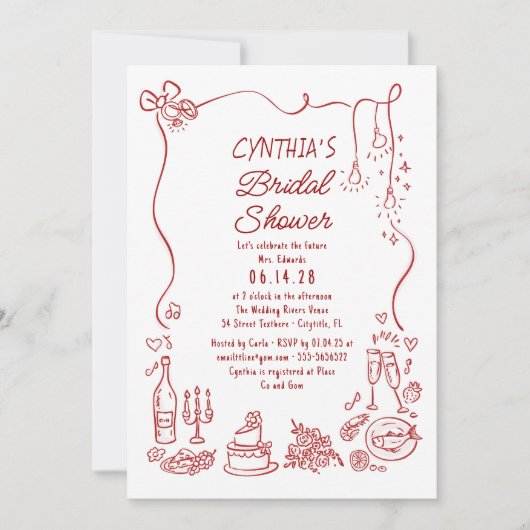 Hand Drawn Doodles Funky Whimsical Bridal Shower 招待状 (正面)