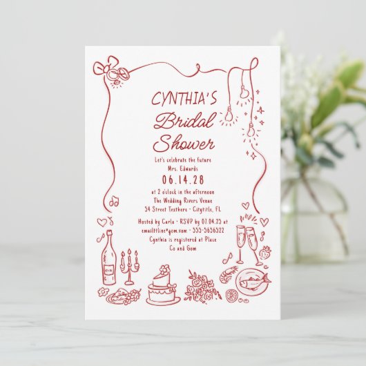 Hand Drawn Doodles Funky Whimsical Bridal Shower 招待状 (スタンド正面)