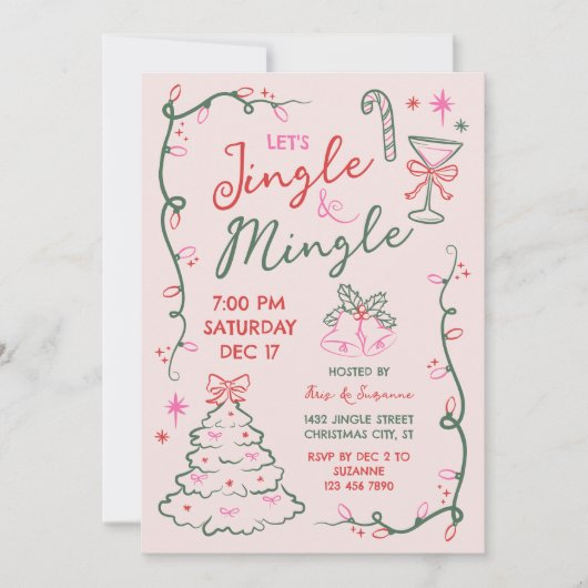Hand-Drawn Doodles Mingle & Jingle Christmas Party 招待状 (正面)