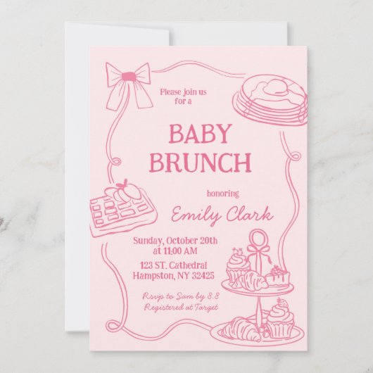 Hand Drawn Doodles Pink Baby Brunch Invitation 招待状 (正面)
