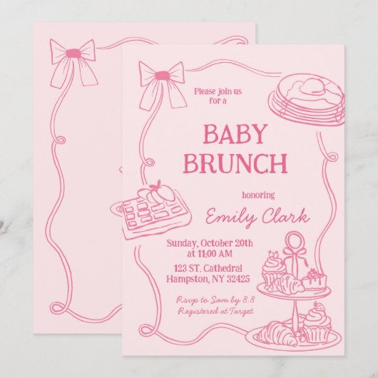 Hand Drawn Doodles Pink Baby Brunch Invitation 招待状 (正面/裏面)