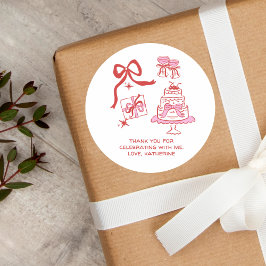 Hand Drawn Doodles Red Pink Birthday Thank You ラウンドシール