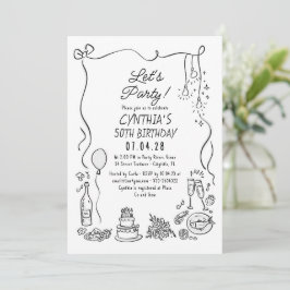 Hand Drawn Doodles Whimsical Quirky Adult Birthday 招待状