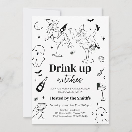Hand Drawn Drink Up Witches Halloween Party 招待状 (正面)