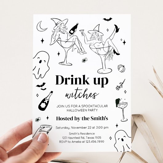 Hand Drawn Drink Up Witches Halloween Party 招待状
