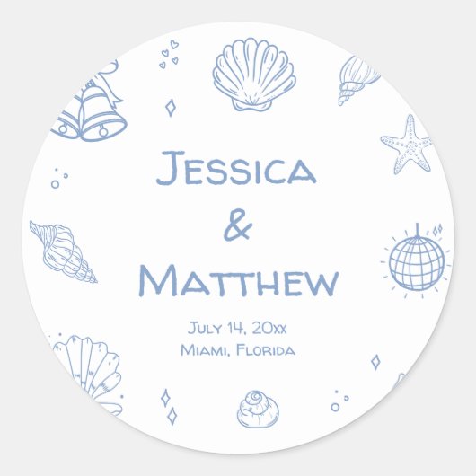Hand Drawn Dusty Blue Coastal Wedding  ラウンドシール (正面)