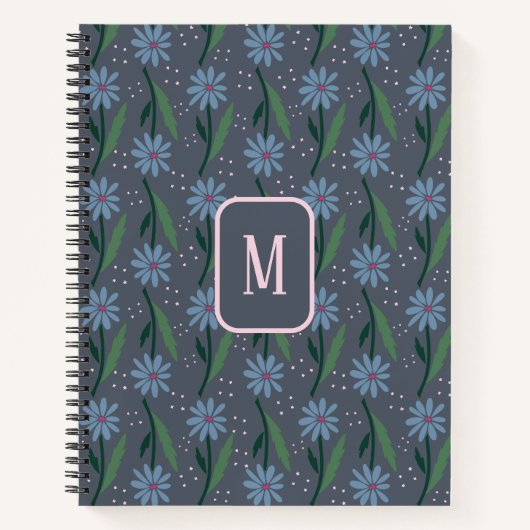 Hand-Drawn Dusty Blue Retro Daisy Monogram ノートブック (正面)
