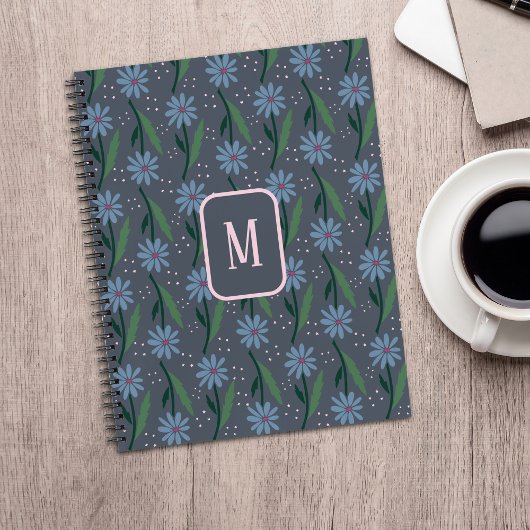 Hand-Drawn Dusty Blue Retro Daisy Monogram ノートブック