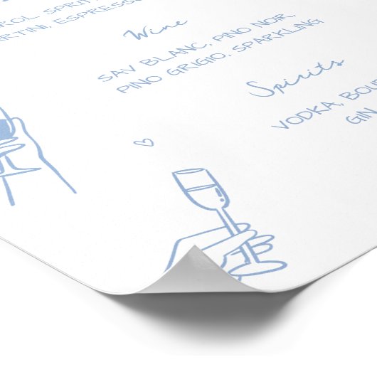 Hand Drawn Dusty Blue Wedding Bar Drink Menu ポスター (角)