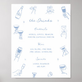 Hand Drawn Dusty Blue Wedding Bar Drink Menu ポスター