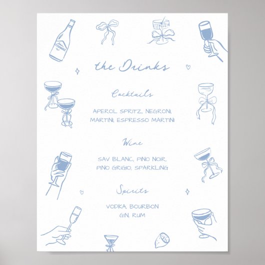 Hand Drawn Dusty Blue Wedding Bar Drink Menu ポスター (正面)
