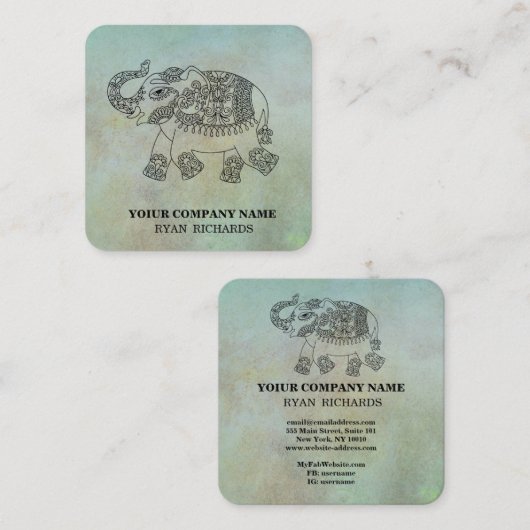 Hand Drawn Elephant Pattern  スクエア名刺 (正面/裏面)