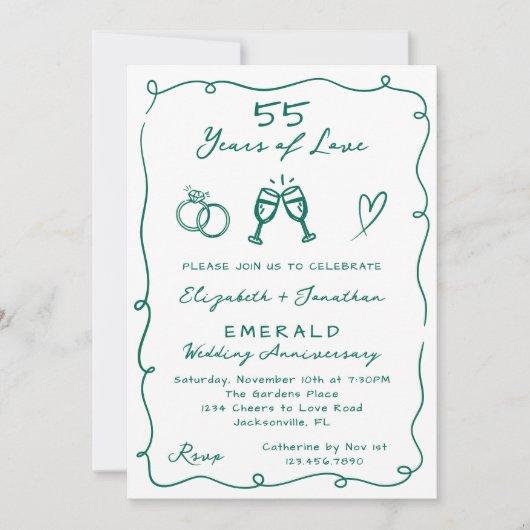 Hand Drawn Emerald 55th Wedding Anniversary Party 招待状 (正面)