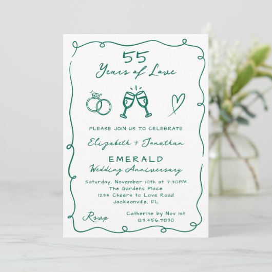 Hand Drawn Emerald 55th Wedding Anniversary Party 招待状 (スタンド正面)
