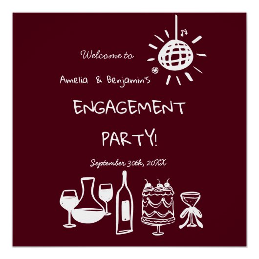 Hand Drawn Engagement Party Wedding Welcome Sign. ポスター (正面)