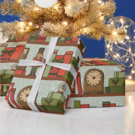 Hand Drawn Festive Bookshelf  Wrapping Paper Roll ラッピングペーパー