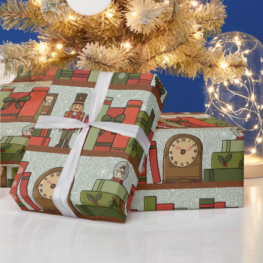 Hand Drawn Festive Bookshelf  Wrapping Paper Roll ラッピングペーパー (クリスマス)