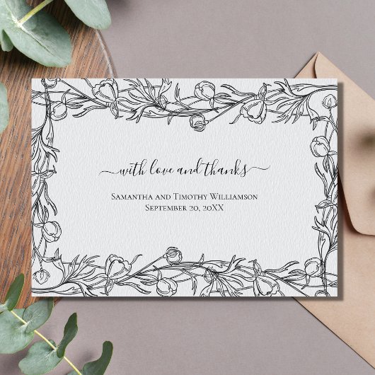 Hand Drawn Floral Blue Gray Wedding Thank you Card サンキューカード