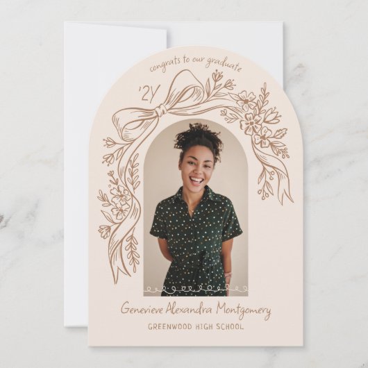 Hand Drawn Floral Bow Arch Photo Graduation Party 招待状 (正面)