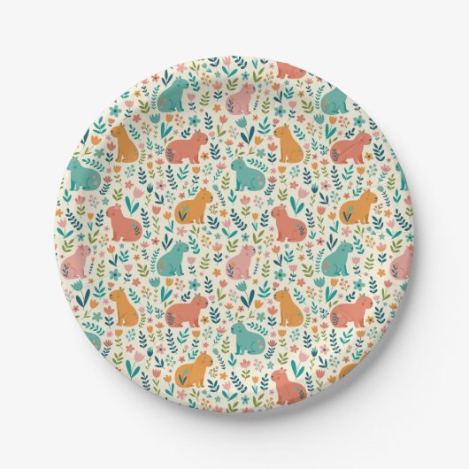 Hand Drawn Floral Capybara Paper Plates ペーパープレート (正面)