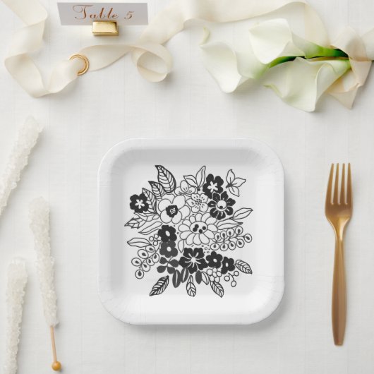 Hand Drawn Floral Motif ペーパープレート (ウェディング)