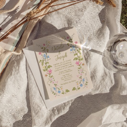 Hand Drawn Floral Summer Photo QR Code Wedding 招待状