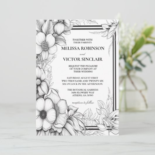 Hand drawn flowers and border Wedding Invitation 招待状 (スタンド正面)