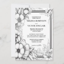 Hand drawn flowers and border Wedding Invitation