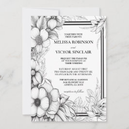 Hand drawn flowers and border Wedding Invitation 招待状