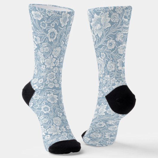 Hand-drawn Flowers,Blue Grey White Botanical Art ソックス (傾斜あり)